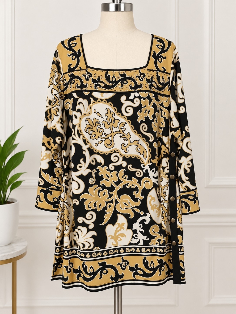 JM Collection Black, Gold and White Paisley Square-Neck Tunic